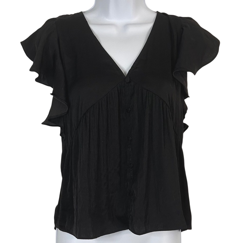 NWT Maison d'Amélie Paris Black Ruffle Flutter Sleeve Button Front Blouse S Airy